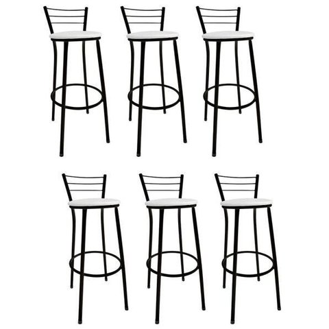 Kit 6 Banquetas Bistrô Aço Pintura Epóxi Preta Assento Branco