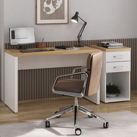 Escrivaninha Mesa Escritório Gaveteiro 2 Gavetas com Nicho Toq Branco/Olmo Artany
