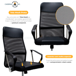 Kit 2 Cadeiras de Escritório Presidente Cairo com Relax Regulagem Giratória Mesh Pretas - 2