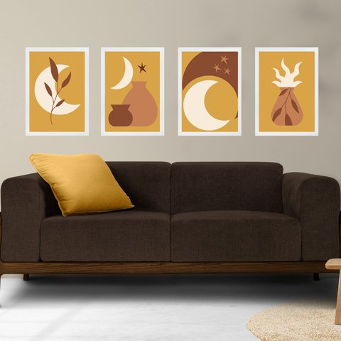 Kit 4 Quadros Artes Escandinavas Mostarda e Marrom 45x34cm - com Vidro:moldura Branca