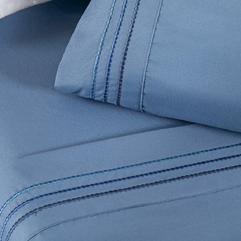 Jogo de Lençol King Yara Bordado 4 Peças Azul