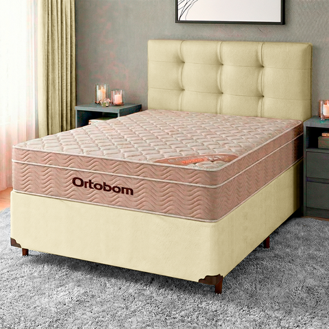 Cama + Box Bege e Colchão Ortobom Molas Ensacadas Casal - Airtech + Cabeceira