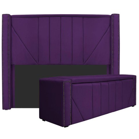 Kit Cabeceira E Calçadeira Baú King 195cm Suede Roxo