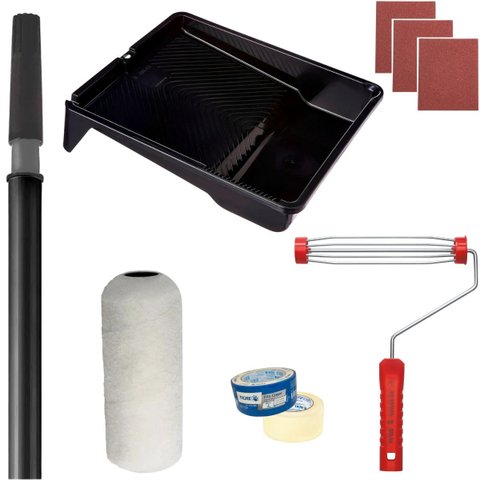 Rolo Pele de Carneiro 23cm + Suporte 23cm + Bandeja 2,7l + 3 Lixas 120 +fita Crepe 48mmx50m + 3 Lixa