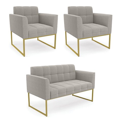 Namoradeira e 2 Poltronas Industrial Dourado Elisa Bouclê Cinza D03 - D'Rossi