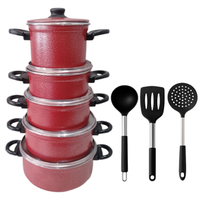 Jogo de Panelas Alumínio Caçarola 5 Peças + Concha Escumadeira Espátula Silicone Inox