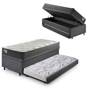 Bicama Box Baú Solteirão com Colchão Adapto Molas Ensacadas Ecoflex Linho Cinza 96x203