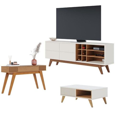 Rack Bancada Noronha 1.8 com Mesa de Centro Jeri Off White Matte Freijó e Aparador Riviera Freij
