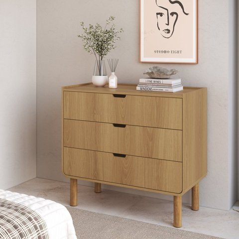 Cômoda para Quarto Orgânica Curva 3 Gavetas 90cm 100% BP com Pés em Madeira Maciça Aura Marrom/Hanover