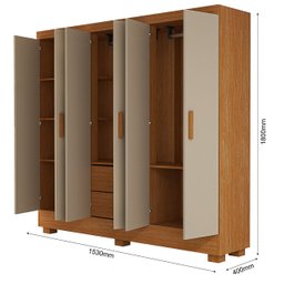 Guarda-roupa Compacto Armário de Quarto Solteiro 6 Portas e 2 Gavetas em Mdf:off White com Nature - 7