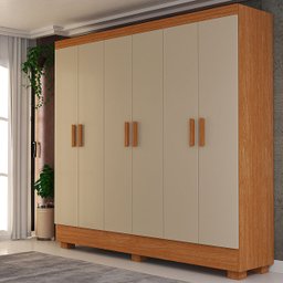 Guarda-roupa Compacto Armário de Quarto Solteiro 6 Portas e 2 Gavetas em Mdf:off White com Nature - 1