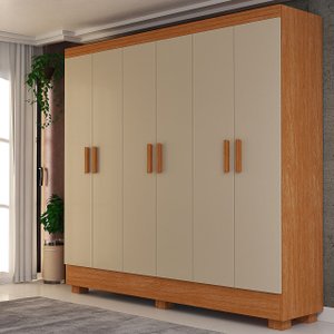 Guarda-roupa Compacto Armário de Quarto Solteiro 6 Portas e 2 Gavetas em Mdf:off White com Nature