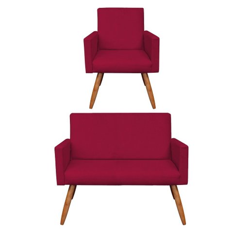 Kit Poltrona e Namoradeira Nina Suede Pés Palito Castanho - Pallazio - Vermelho