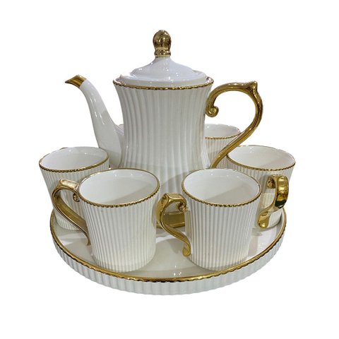 Jogo de Xicaras com Bule para Chá e Café com Base Giratória em Porcelana Branca com Dourado