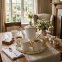 Ver imagem 2 de Jogo de Xicaras com Bule para Chá e Café com Base Giratória em Porcelana Branca com Dourado