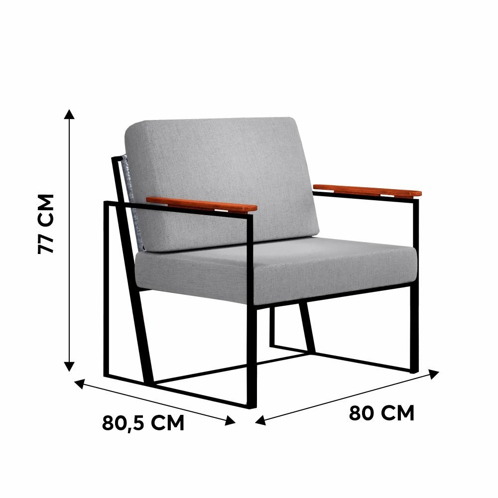 Poltrona Roma Linho Cinza com Rattan e Base em Metal Preto BM Tubulares - 3