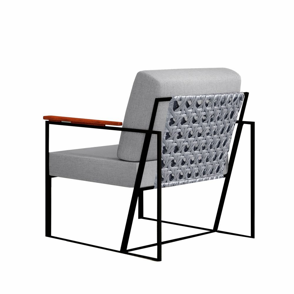 Poltrona Roma Linho Cinza com Rattan e Base em Metal Preto BM Tubulares - 4