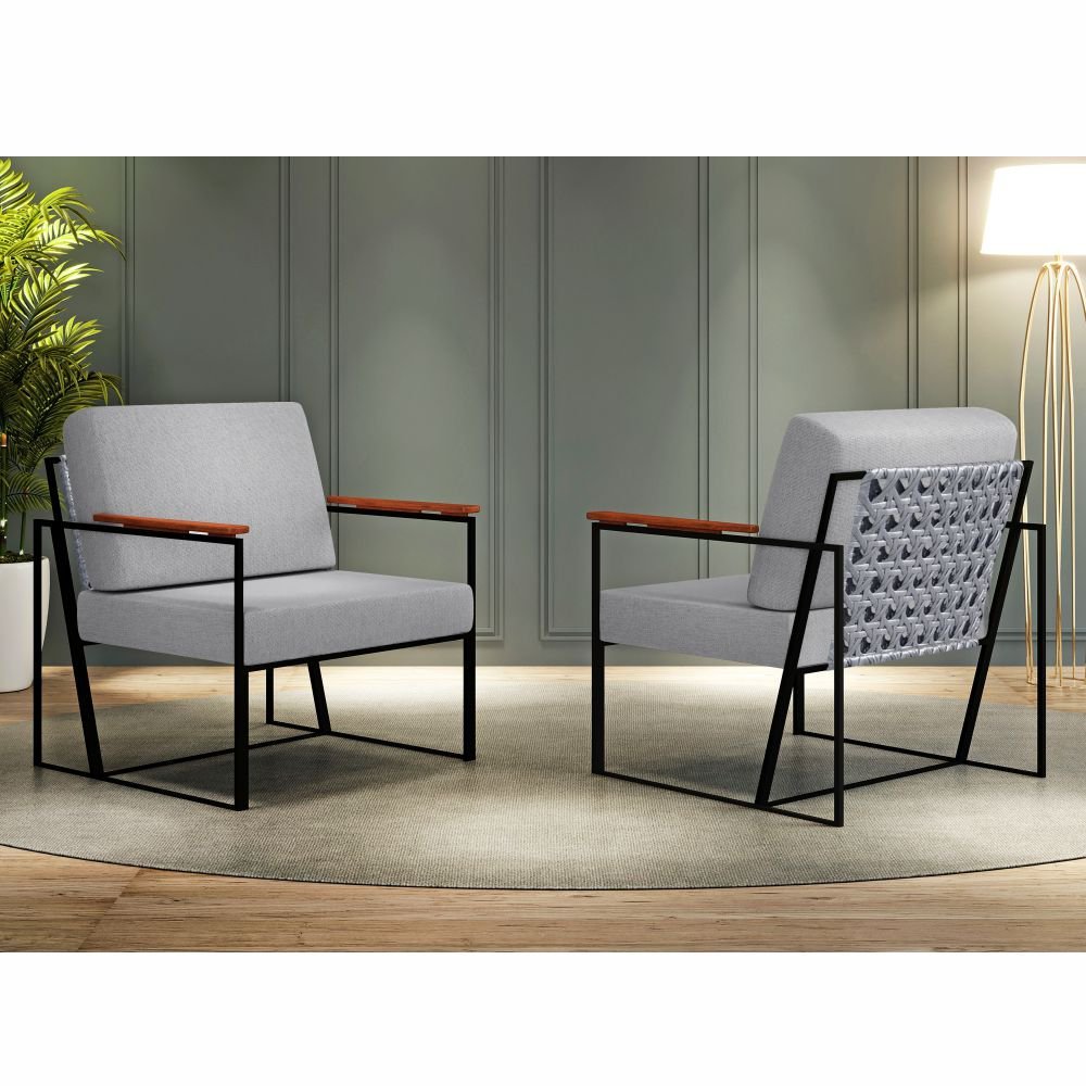 Poltrona Roma Linho Cinza com Rattan e Base em Metal Preto BM Tubulares - 2