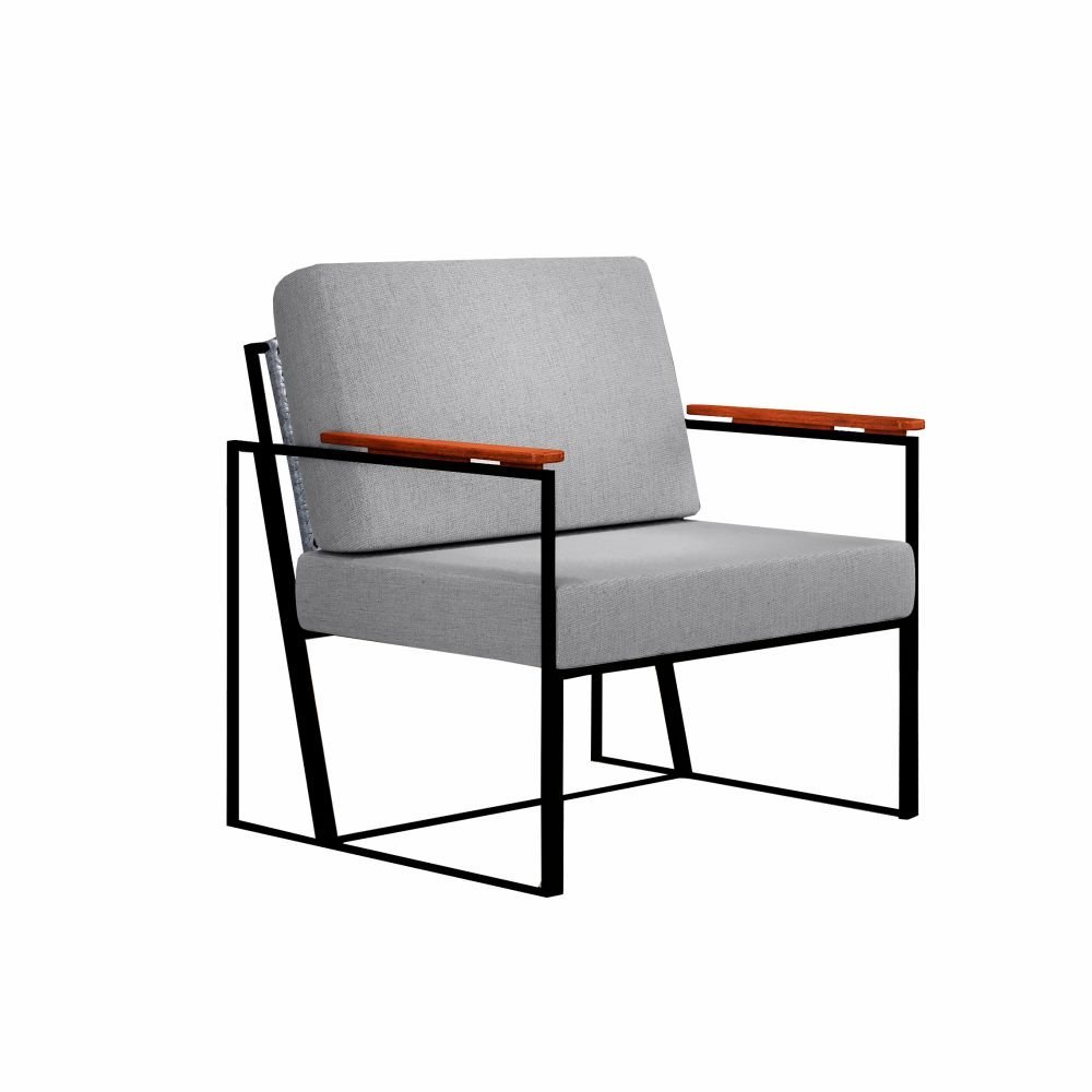 Poltrona Roma Linho Cinza com Rattan e Base em Metal Preto BM Tubulares - 1