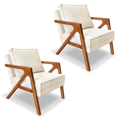 Kit 2 Poltronas Decorativa Luiza Linho Bouclê Base em Madeira Castanho - Pallazio Bege