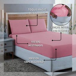 Jogo de Cama Lençol Queen 300 Fios Algodão 4 Peças Conjunto com Elástico e Fronhas:rose - 6