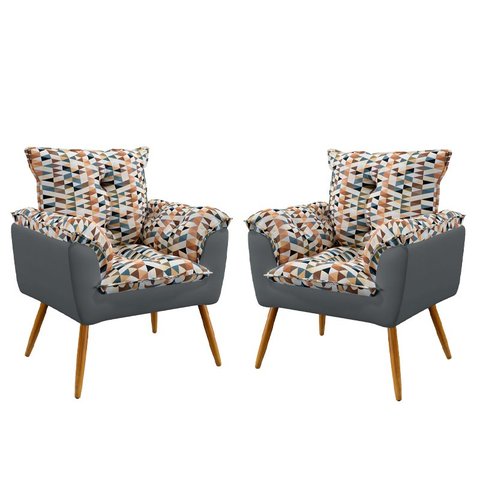 Kit 2 Poltronas Opala Suede Estampado Laranja com Cinza Aradecor