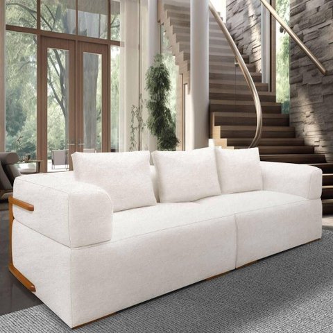 Sofá 4 Lugares 3,00m em Tecido Bouclé com Aplique em Madeira – Scott Lucadi Off White