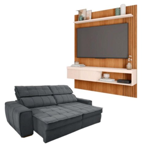 Kit Sofá América 3 Lugares com Painel Esmeralda Freijo/off White/cinza