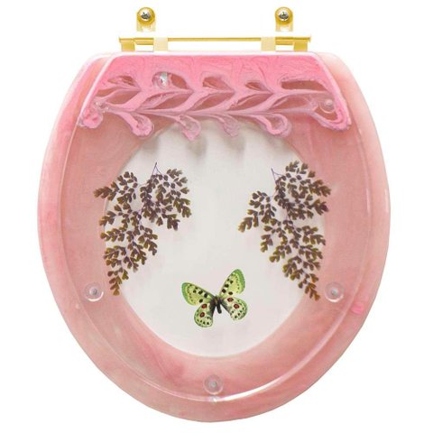 Assento Sanitário Decorado Oval Convencional Rosa Quartzo com Borboleta Verde para Todas As Marcas