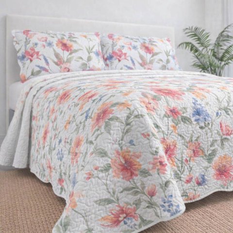 Kit Cobre Leito Evolution Casal Estampado Floral Dupla Face Colcha 3 Peças Lindoia