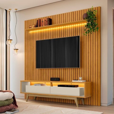 Painel com Rack para Tv até 75 Polegadas 220cmx230cm Ripado com 2 Prateleiras com LED 100% MDF Roma