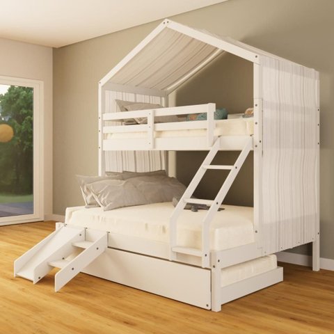 Treliche Casal/ Solteiro Casinha com Cortina e Kit Escada/escorregador Madeira Maciça Branco