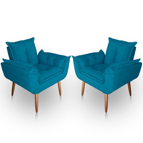 Kit 2 Poltronas Decorativa Paola Pes Palito Suede Azul Turquesa