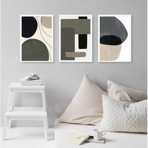 Kit 3 Quadros Modernos Abstratos Tons de Cinza e Preto 45x34cm - com Vidro:madeira Branca