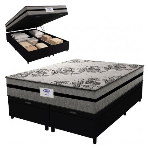 Cama Box Baú Casal King Colchão Gazin com Molas Ensacadas Rubi 193x203x73cm Suede Preto/Cinza