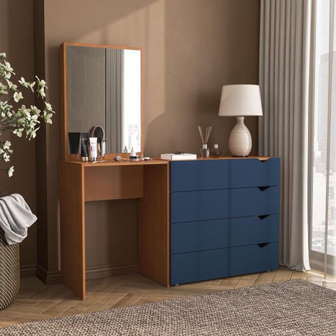 Cômoda Penteadeira Porto 4 Gavetas com Espelho 149x160cm Azul/Freijó 240889