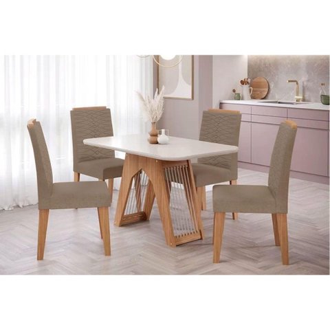 Sala de Jantar Completa Carol Tampo Madeirado C/ Vidro 130x80cm e 4 Cadeiras Clarice Savana-