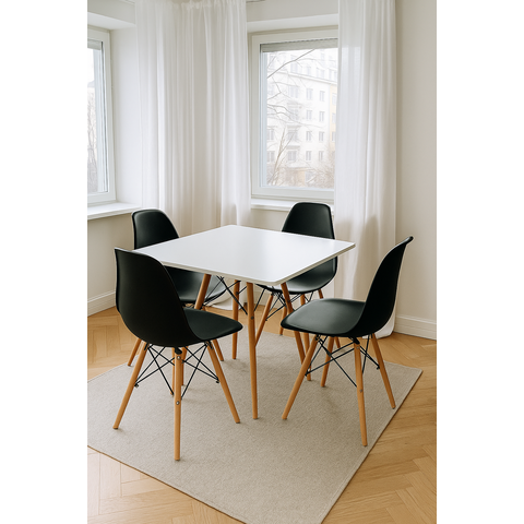 Jogo Mesa Sala Cozinha Jantar Quadrada Eiffel Mdf Branco 90cm e 4 Cadeiras Charles Eames Pretas
