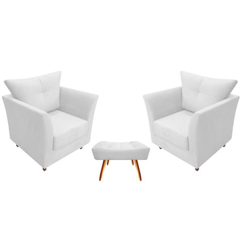 Kit 2 Poltronas Decorativa Isis + Puff Retangular Couro Branco Pés Madeira Mz Decor