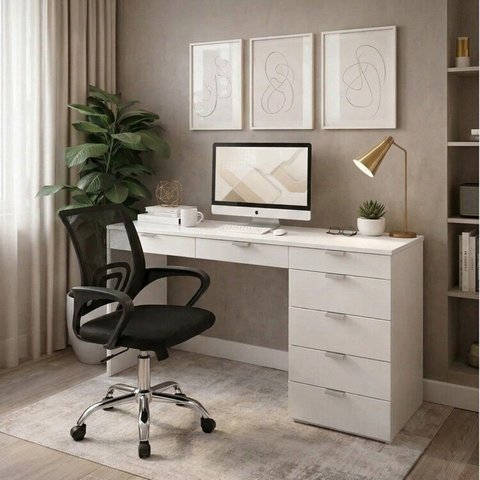 Conjunto 2 Peças Escrivaninha 7 Gavetas Columbus e Cadeira Escritorio Giratoria Tok Yescasa Branco/Preto