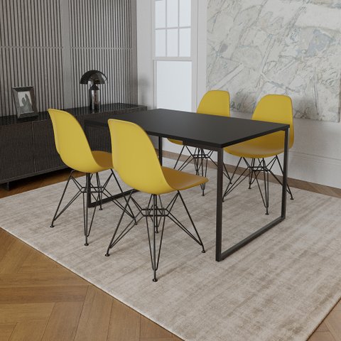 Mesa Industrial Base Ferro Preto 137x90 Tampo Preto 4 Cadeiras Eiffel Ferro Preto Assento Amarelo