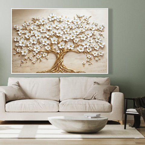 Quadro Decorativo Árvore da Vida Flores Brancas Sala Quarto Casa Escritório