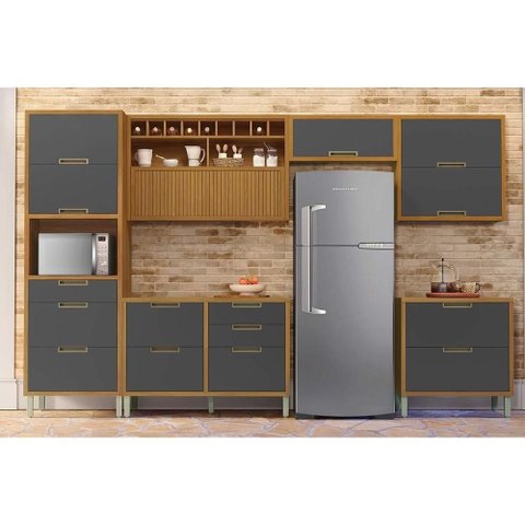 Cozinha Modulada Completa Imperatriz 6 Peças (3aéreos+2balcões+1paneleiro) C6p85 Freijo/grafite