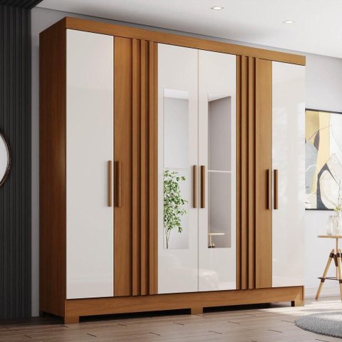 Guarda Roupa Casal BE380 6 Portas de Bater 3 Gavetas com Espelho Cinamomo-Off White Briz Móveis