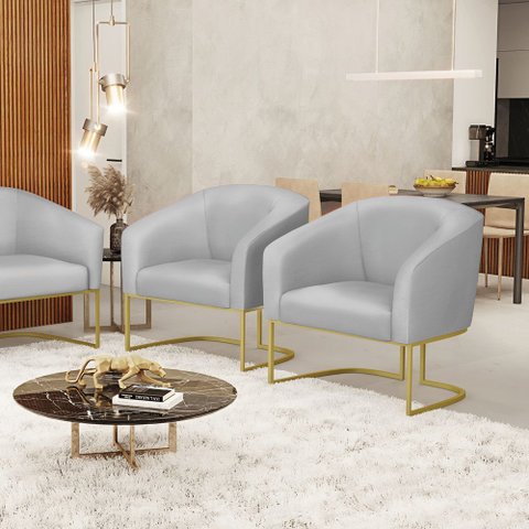 Poltrona Sala Decorativa Kit 2 Stella Base Industrial Dourada Sintético Cinza D03 - D’Rossi