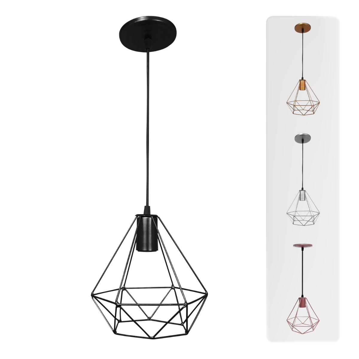 Luminária Pendente Diamante Lustre Aramado Retrô Elegance:Preto/M