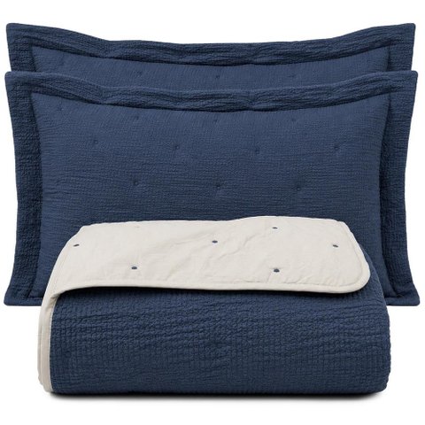 Kit Cobre Leito Clássico Casal Percal 300 Fios Colcha Dupla Face Bicolor Premium 3 Peças Azul Jeans