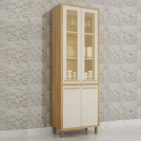 Armário Paneleiro 4 Portas com Vidro Torino - Cinamomo/Off White