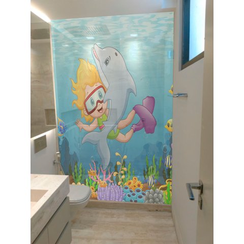 Adesivo para Box de Banheiro Infantil Menina e Golfinho
