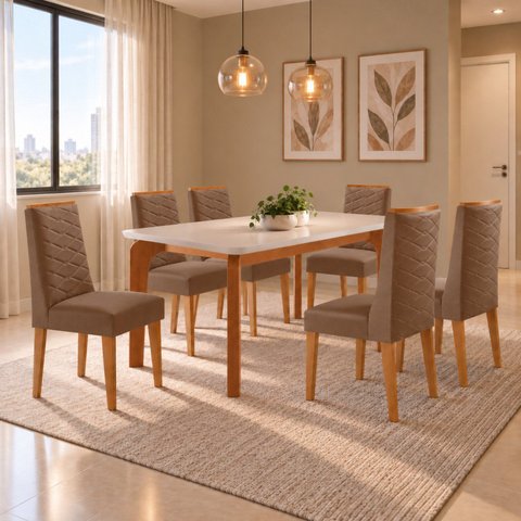 Conjunto de Mesa de Jantar Dublin 180 Tp MDF Laminado Canto Copo 6 Cadeiras Estela